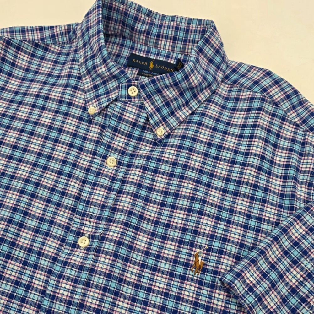 RALPH LAUREN SPORT SHORT MENS XL CLASSIC FIT PLAID BUTTON DOWN PINK BLUE PONY SS